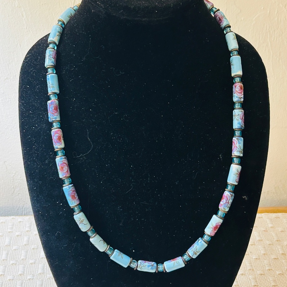 Vintage Blue painted Glass Bead Necklace - Women's Jewelry